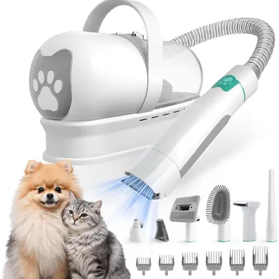 7-in-1 Pet Grooming Kit and Vacuum for Dogs & Cats, Professional Dog Hair Vacuum Groomer with 6 Guide Combs, Paw Trimmer, Shedding Brush & Hair Removal Roller Set