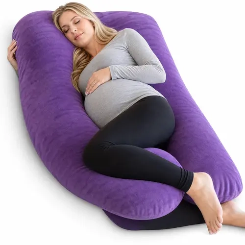 Cosybay Ergonomic U-Shaped 55-Inch Full Body Maternity Pillow for Pregnant Women - Zippered Removable Washable Purple Velvet Rayon-Polyester Cover, Sleep Aid, Baby Shower Gift