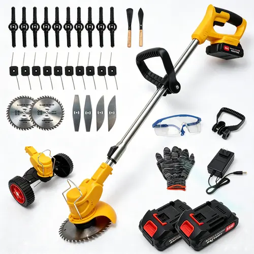 Cordless   Electric Grass Trimmer & Weed Wacker Eater,  Powered Brush Cutter with Rotary Head & Interchangeable Blades, Adjustable Height Lawn Mower Alternative for Efficient Gardening,Tow 4000mAh Batteries  Brush Cutter Battery Grass Cutter