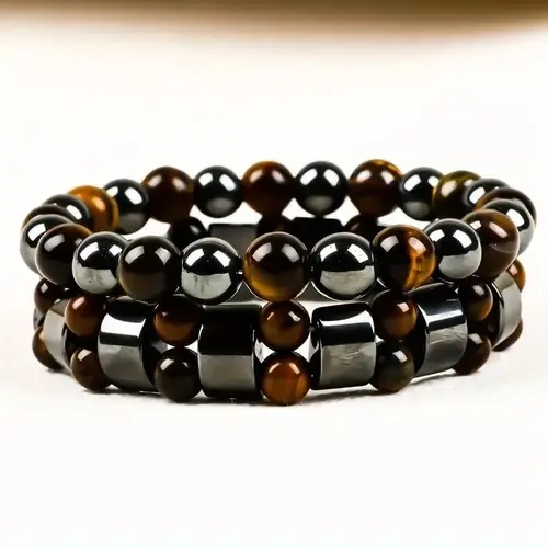 Unisex 2-Piece Exquisite Trendy High Quality Handmade Tiger Eye & Polished Obsidian Gemstone Crystal Specimen Round Stone Bracelets & Bangles for Adults - Natural Stone Arm Candy, Double Protection, Abundance-Attracting Holiday Gift