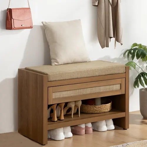 SICOTAS Rectangular Rattan Entryway Shoe Bench - Wood Grain Rustic Farmhouse Home Decor, 3.1" Deep Drawer, Soft Linen Cushion, Pullout Key Drawer, Adjustable Pads, Open Shelf (6–8 Shoes Below), 31x15x20", 330 lbs Weight Capacity for Hallway, Bedroom