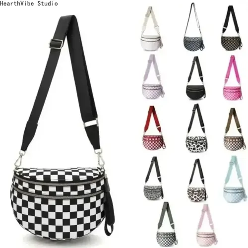Women's 2026 Checkered Nylon Bum Bag - Adjustable Strap, Large Cap, Double Zips, Lightweight Casual Crossbody Belt Bag, Fanny Pack for Outdoor Festival Sports, Gifts for Women, Sports & Outdoor Accessory