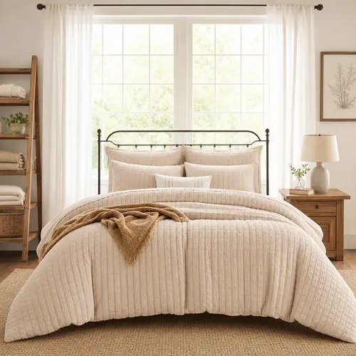 MUXHOMO 7pc Bedinabag Floral Bedding Set - Beige Seersucker, Deep Pockets, Cloudlike Fill, Hidden Stitch, Pleated Waves, Flat/Fitted Sheets, Pillowcases/Shams, Year-Round Everyday Luxury Bedding Sets Collections for Girls' Bedrooms