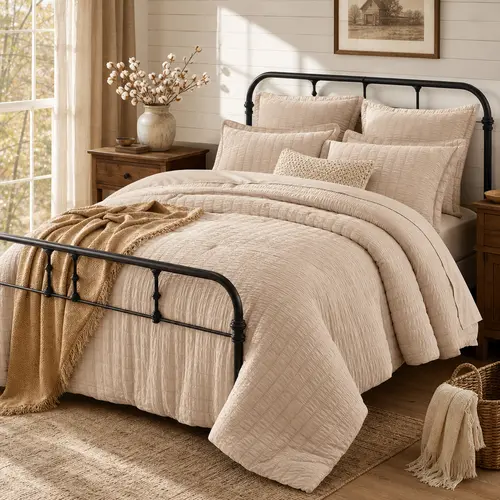 MUXHOMO Ivory Seersucker 7-Piece Queen Bedding Set - Durable Elastic Microfiber Bed in a Bag with Cloud-Soft Down Alternative Comforter, 14" Deep Pocket Sheets, Pillowcases, Shams, Breathable All Seasons Hidden Stitch