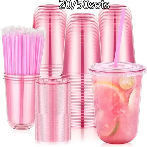 20/50 Count 16oz with Sip Lids and Straws, Disposable Clear Iced Coffee, Round Bottom for Cold Drinks, Party Supplies, Disposable Transparent Cups