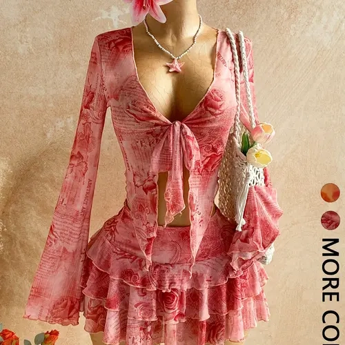2 Piece Women's Floral Print Mesh Long Sleeve Tie Front Top and Ruffle Mini Skirt Clothes Set, Summer Beach Outfit