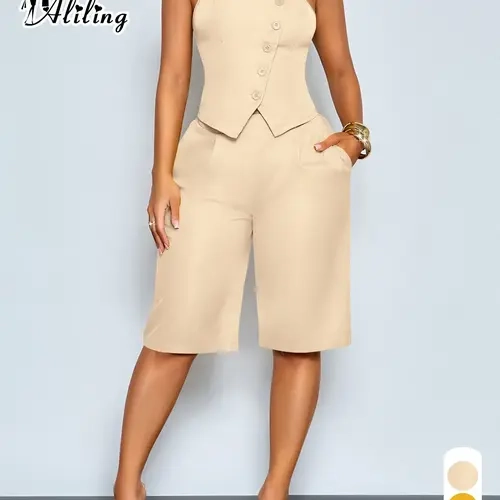 Aliling Women's Solid Color Top and Long Pants Set, Bustier Fitted Top Asymmetrical with and Nine-Inch Pants, Casual Elegant Style, Suitable for Commuting