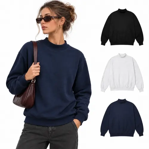Gihuo Unisex Mock Neck Sweatshirt, Fleece-Lined Cotton Blend Loose Fit Pullover, Vintage Streetwear Long Sleeve Top for Men & Women, Fall Winter