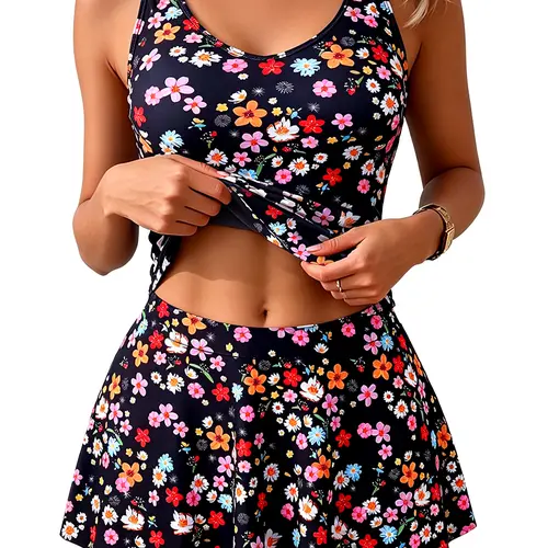 B2PRITY Women's 2-Piece V-Neck Skirted Tankini Swimsuit - High-Waisted Shorts, Tummy Control, Stretch Pro-Skin Soft Fabric, Slimming Modest Fit, Custom-Fit for Poolside, Beach, Diving Into the Ocean