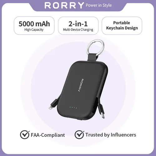 LIVE RORRY 5000mAh Portable Power Bank (Mobile Universal Power Bank, Portable Battery Pack) with Dual Cables, Keychain, USB-C Charging for iPhone/Android, Lightweight Compact Mini Gadgets for Purse, Stylish Gift techvibes