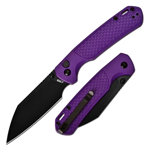 CJRB Pyrite-Light Foldable EDC Pocket Knife for Hiking, Button Lock, Ball Bearing Pivot, Purple FRN Handle, 3.34'' AR-RPM9 Black PVD Coating Blade, J1945-BPU (MSRP $39.99), Stainless Steel, Edc Gear, Bushcrafting