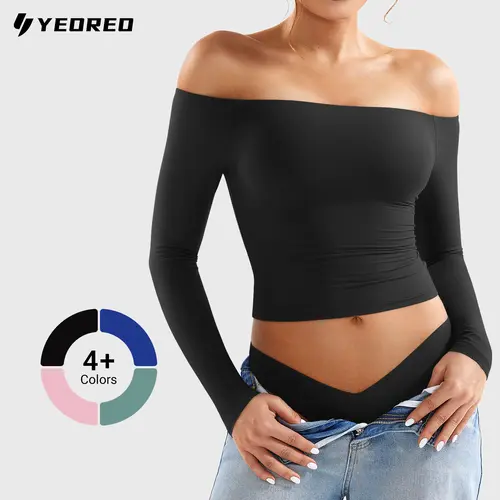 YEOREO Ease Women Off Shoulder Long Sleeve Shirts Double Lined Basic Top Under Shirt Y2K Going Out Tops