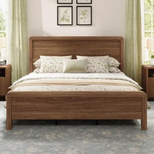 AMERLIFE Wood Bed Frame with Headboard & Footboard, Modern Fluted Wooden Platform Bed Frame with Rounded Safety Edges, Wood Slat Support, No Box Spring Needed, Easy Assembly[TikTokShopFallDealsForYou]