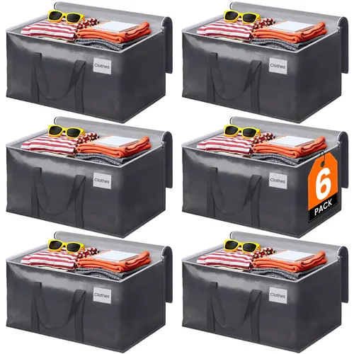 【New】6-Pack Sturdy Grey Waterproof Large Collapsible Storage Bags for Families - Bulk Pack, Multipurpose Storage, Moving Alternative, Visible Labels, Cross-Stitch Reinforced Handles, Space-Saving Home Organizer Essentials