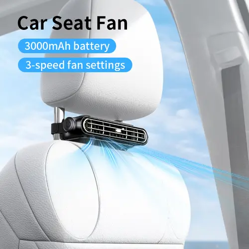 Wireless Car Backseat Fan - USB Rechargeable, 3-Speed, Headrest Mount with Velcro, Battery Operated Rechargeable Portable Fan for Car Seats, Golf Carts, Cooling Airflow Summer Travel Essential