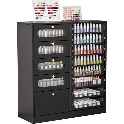 OmySalon Minimalist Free-Standing Floor Cabinet - Furniture Organizer, Modern Storage Cabinet, 13-Drawer Sorting (12 Transparent Compartments + Hidden Bulk Drawer), 280+ Jar Storage, Scratch-Resistant Top, 1oz Capacity for Nail Salons