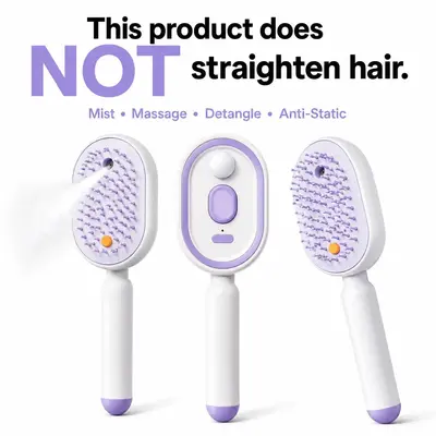 Electric Air-Cushion Massage Comb with Auto-Cleaning Spray Function — Specially Designed for Dry, Frizzy Hair Care; Anti-Static Smoothing Comb with Dual Benefits of Scalp Massage and Hair Volumizing (Essential Oils Not Included)