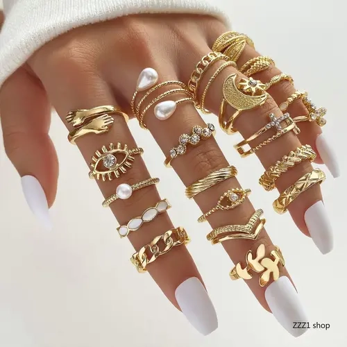 Women's Boho Aesthetic Gold Stackable Rings Set - Evil Eye, Pearl, Crystal, Moon, Star, Cross, Hugging Hands Knuckle Rings, Unique Gold Jewelry for Sports & Outdoor Use, One Size Unisex Accessory
