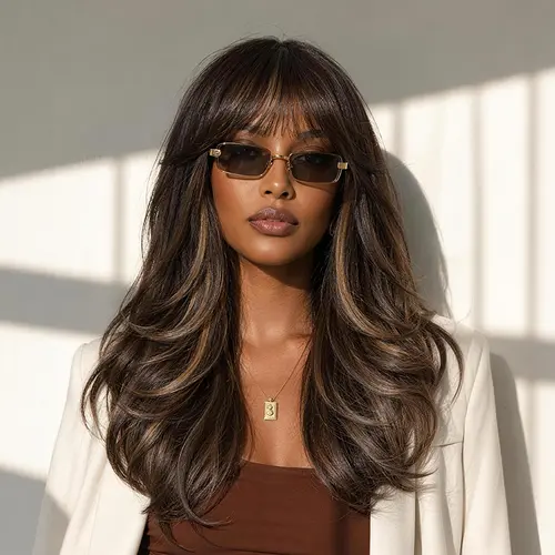 [New Arrival] Frodio Veralux™ Synthetic Fiber + Human Hair Feathered Layers Wig with Bangs 20 Inches Brown Highlighted Wig | Wear & Go, Glueless, Soft Bangs, Face-Framing Layers Other#SohoChic