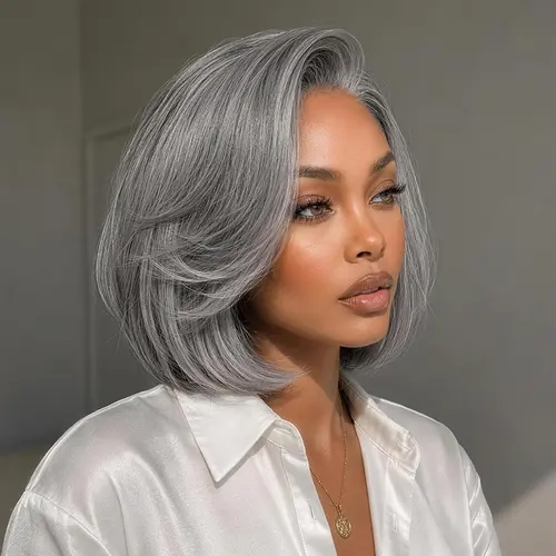 [New Arrival]Frodio  Veralux™ Synthetic Fiber + Human Hair Layered Bob Wig 8 Inches Salt and Pepper Gray Wig | Glueless, Pre-Cut Lace, Wear and Go, Silver Wig  Other#SohoChic