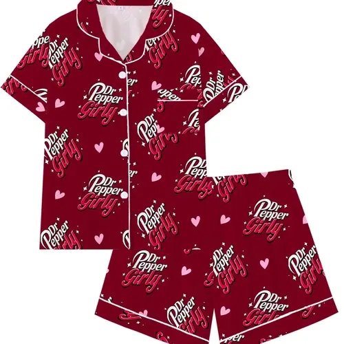 Women's 2-Piece Pajama Set, Short Sleeve Button-Down Top with Chest Pocket & Elastic Waist Shorts, Soda Girly Letter & Heart All-Over Print Loungewear, Aesthetic Summer Pyjamas, Gift for Women