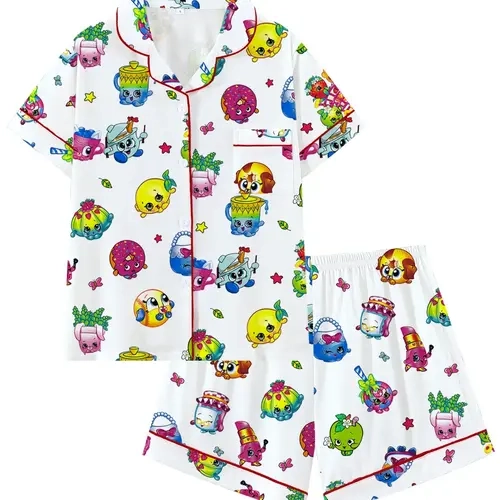 Kidcore Aesthetic Kawaii Cartoon Pajama Set | Cute Colorful Food & Toy Print Sleepwear | Soft Short Sleeve Button Down Lounge Outfit with Red Piping | Fun 2-Piece Summer PJs | Nostalgic Sleepover Nightwear