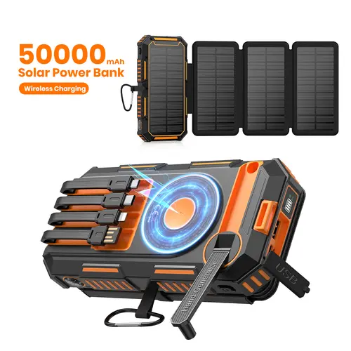 FEELLE Silicone Chargeable Solar Power Bank - 50000mAh (>20000mAh) Wireless Portable Charger for Smartphone, Built-in 4 Cables & Hand Crank, PD QC 3.0 Fast Charging USB-C Mobile Accessory, Flashlight for Camping, Travel Stuff