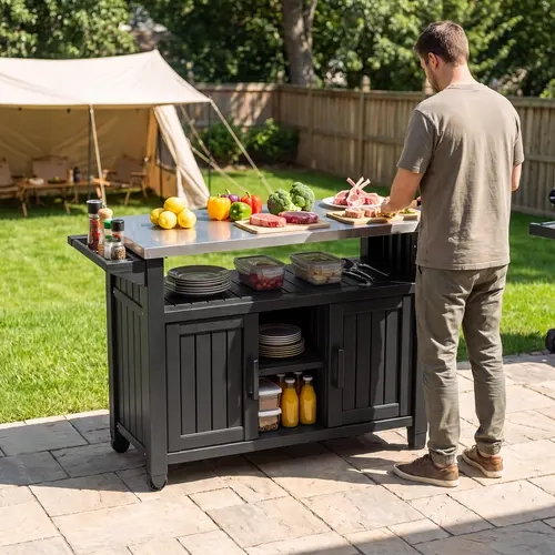BIFANUO Multifunctional Storage Cabinet - Wheeled Organizer Cabinet with Double Doors, Water Resistant Outdoor BBQ Station, Terrace Backyard Bar Cart & Storage Table, Black