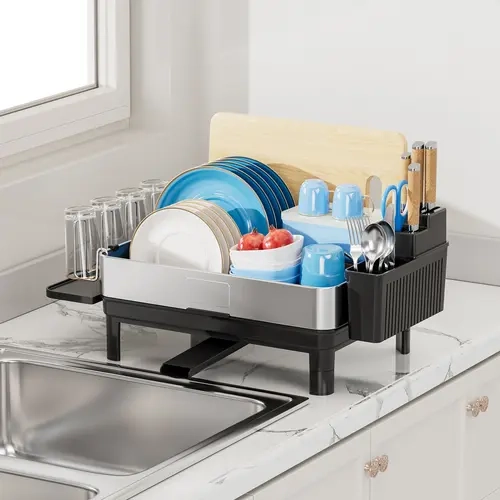 San Dream Dish Drying Rack 304 Stainless Steel Dish Racks for Kitchen Counter Dish Drainers with Automatic Drainage Utensil Holder & Cups Holder Space Saving Kitchen Organizer Black