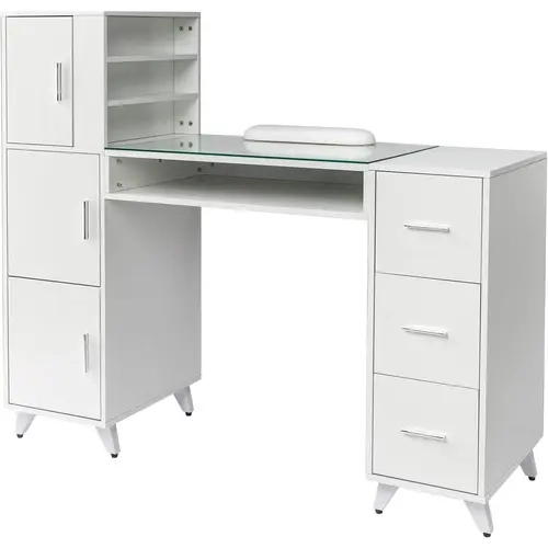 OmySalon Wood Manicure Table for Nail Techs - Acetone & Waterproof, Glass Top, Wrist Rest, Sturdy Legs, High Load Capacity, 3-Side Cabinet, 4 Drawers, 3-Layer Open Cabinet, Ergonomic Salon Workstation for Storage Organization