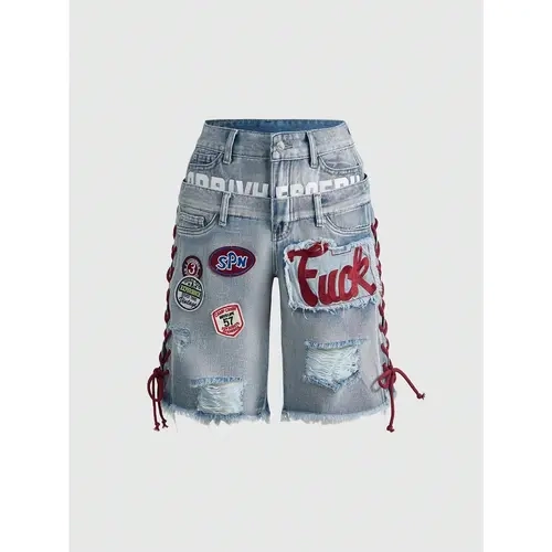 Women's Y2K Retro Jersey Sports Ballet Style Graphic Logo Embroidered Drawstring Low Waist Denim Shorts
