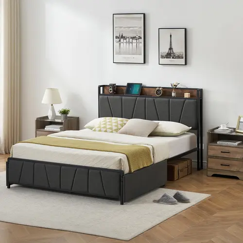 Garvee Queen Size Bedframe - Linen Upholstered Platform Bed Frame with Storage Headboard, 2 Drawers, Charging Station, Heavy Duty, Noise Free, No Box Spring Needed, Easy Assembly, Grey, Stable Bedroom Furniture