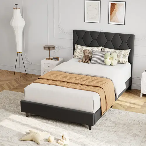 Garvee Twin Size Upholstered Headboard Platform Bed Frame with Wooden Slats Support, Mattress Foundation, No Box Spring Needed, Easy Assembly, Gray