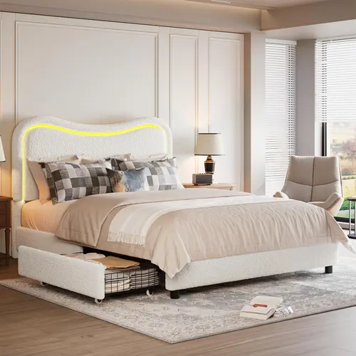 Garvee Queen Boucle Platform Bed Frame - Teddy Upholstered Home Decor Furniture, 2 Storage Drawers, LED Lights, Wood Slats Support, Noise-Free, No Box Spring Needed, White Apartment Furniture