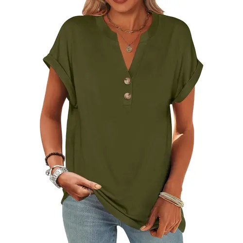 Womens Short Sleeve Henley Tops V Neck Dressy Casual Blouses Summer Trendy Tee Shirts 2026 Vacation Fashion ClothesGift
