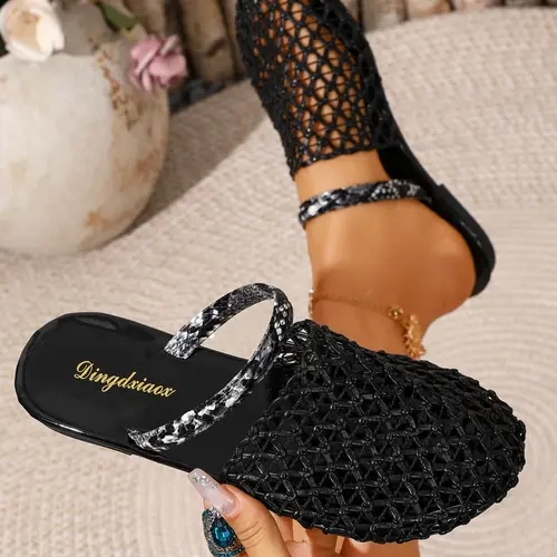 Women's Casual Hollow-Out Mule Slippers, Mule Flats, Slip-On Flat Shoes, PU Leather Upper & Rubber Sole, Comfortable Slippers, Ideal for Indoor & Outdoor Wear