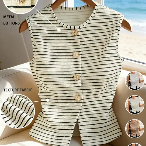 Women's Casual Versatile Texture Striped Button-Up Top, Elegant Fashionable Aesthetic Knit Sleeveless Cardigan With Metal Decor Button, Suitable for Commuting, Date, Party and Casual Wear, Stylish and Practical Clothing for All Seasons