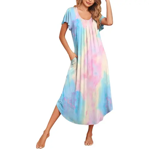 Long Nightgowns for Women with Pockets Short Sleeves Moo Moos for Women Casual Maxi Dress House Dresses S-XXXLGift