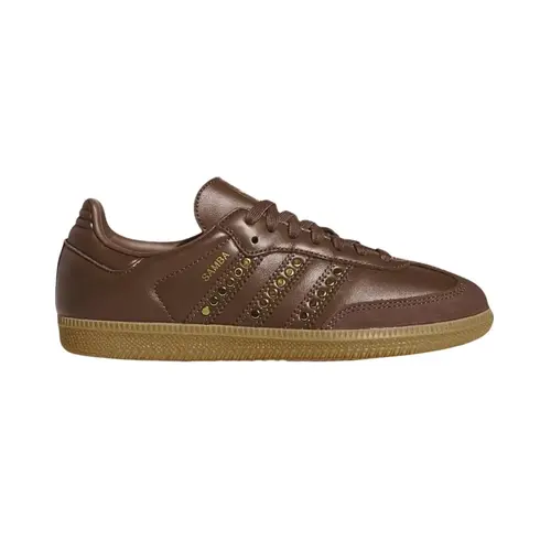 Adidas Women's Studded Gold Metallic Leather Solid Samba Low-Top Flat Sneaker Shoes - Retro Suede Overlays, Sustainable Build, Earth Strata Gold, Casual Daily Street Wear, Runs Small, Shoes for Women