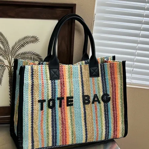 New minimalist rainbow striped letter-woven tote bag, fashionable casual lightweight large-capacity vacation commuting handbag, Fashion patterned bag, Fashionable Bags