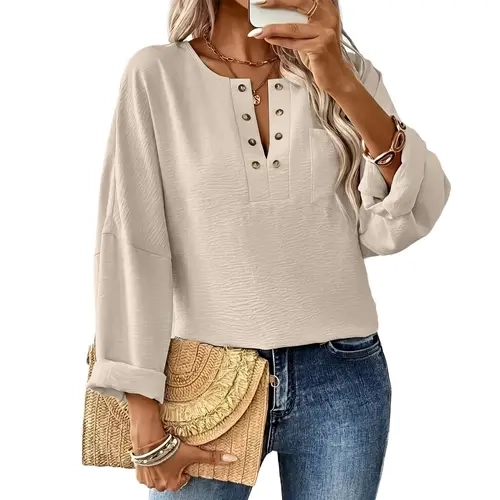 Dokotoo Women Dropped Shoulder Long Sleeve V Neck Solid Color Pocket Button Metal Shift Casual Shirt