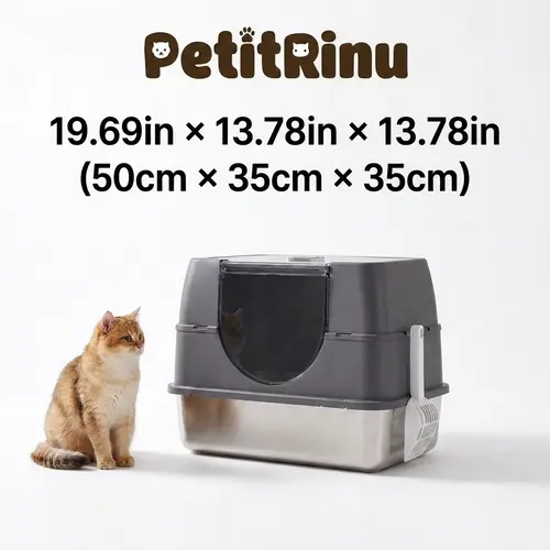 Antibacterial Stainless Steel Litter Box Enclosure - Covered, Easy-to-Clean, 180° Flip Access, Odor Control, Non-Stick, Anti-Splash High Sides, Less Track, Includes Scoop for Daily Cleaning, Fits Small & Medium Indoor Cats Up to 15lbs