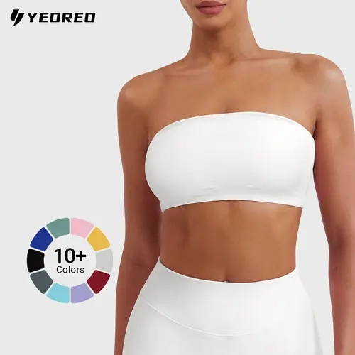YEOREO Women's Strapless Wireless Padded Running Sports Bra - Strapless Bras for Workout Gym, Crop Top Activewear with Seamed/Seamless Twill, Silicone Grip Edge, Breathable Sweat-Wicking Knit, High Elasticity, Ribbed Texture, Twill Underburst Hold, Sports
