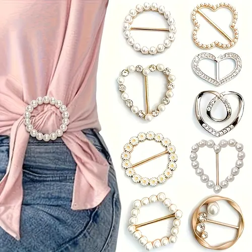 Women's 8pcs Alloy Decor Pins Set - Fashion Accessories with Rhinestone, Imitation Pearl, Modern Geometric Hollow Shapes, Fabric Clip, Scarf Ring, Shirt Tie Clip, Waist Buckle for Daily, Casual, Party Use (All Seasons, Travel, Wedding Outfit Lift)