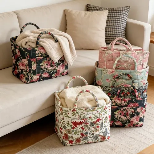 Quilted Retro Floral-Print Camping Carry Basket - Dark Night Peony & Foundation White Flower Rectangle Decorative Storage Bin, Sturdy Large Portable Hammock Gear Storage for Home Decor Organiser