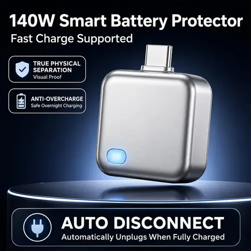 140W USB-C Physical Disconnect Battery Protector - Compact, Lightweight Design Automatic Disconnect Portable Travel Charger, Fast Charging Pass-Through Adapter for iPhone 15-17 Series, Electronic Devices