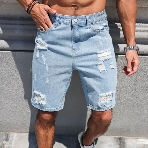 Men's Light Blue Fitted Mid-Waist Knee-Length Ripped Denim Jean Shorts - Plain, Classic Button Fly, Pockets, Basic Casual Summer Outing Bottoms, Menswear Streetwear