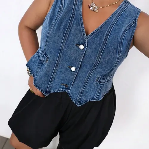 Plus Size V Neck Front Button Denim Vest,（It is recommended to buy one size larger.）