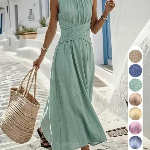 (The fabric is relatively thin, Lightweight and the size is a bit large) Sleeveless Round Neck Vacation Dress, Relaxed Style, Simple Elegant Look, Long Beach Dress, Summer Travel Dress, Daily Casual Wear Plain Dress Ff2632