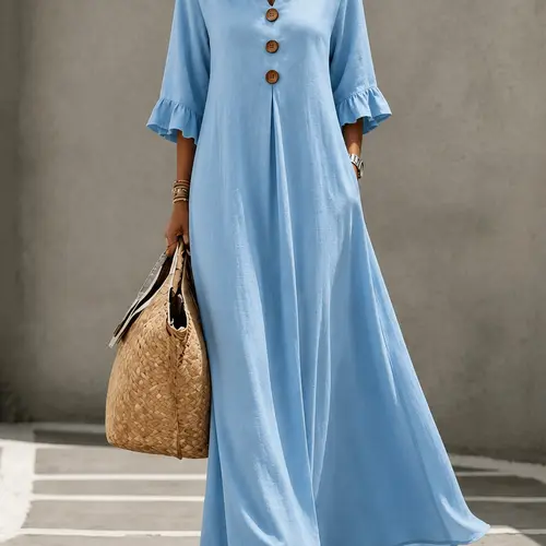 【Black Friday】Women's Boho Aesthetic Style Solid V-Neck Dress with Wooden Buttons and Ruffle Sleeves, Loose-Fit A-Line Dress, Fall & Winter Casual Wear